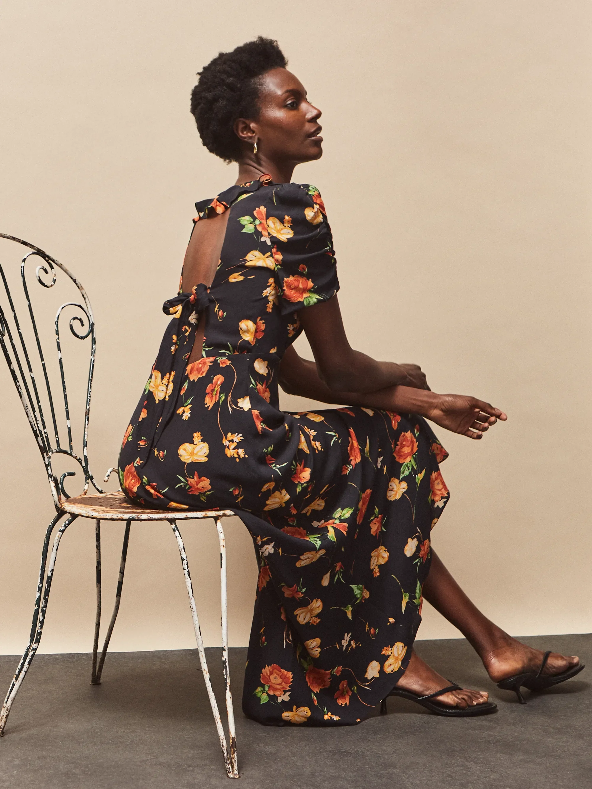 Red And Yellow Floral Print Tie Back Dress