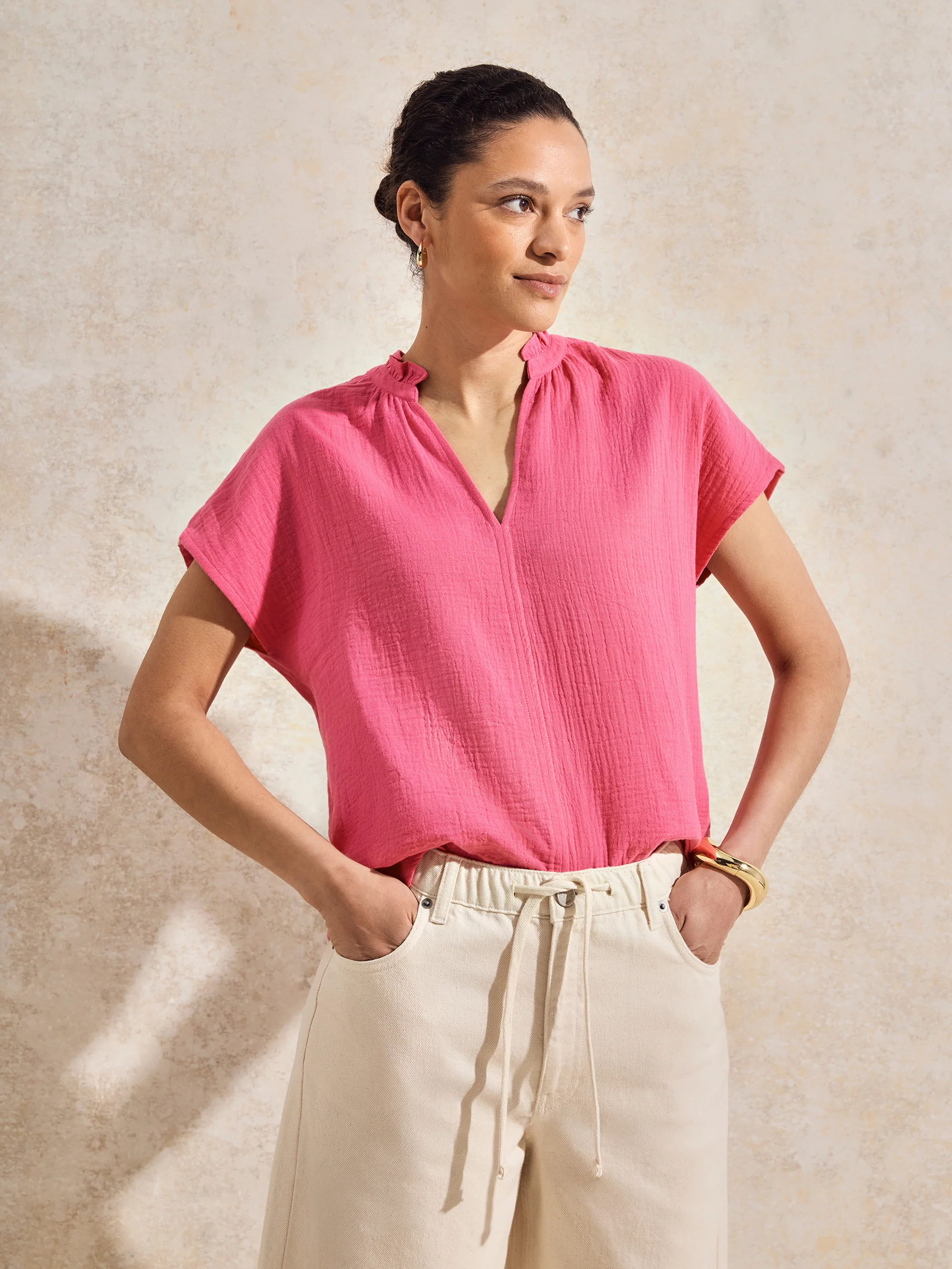 Pink Frill-Detail V-Neck Cheesecloth Top