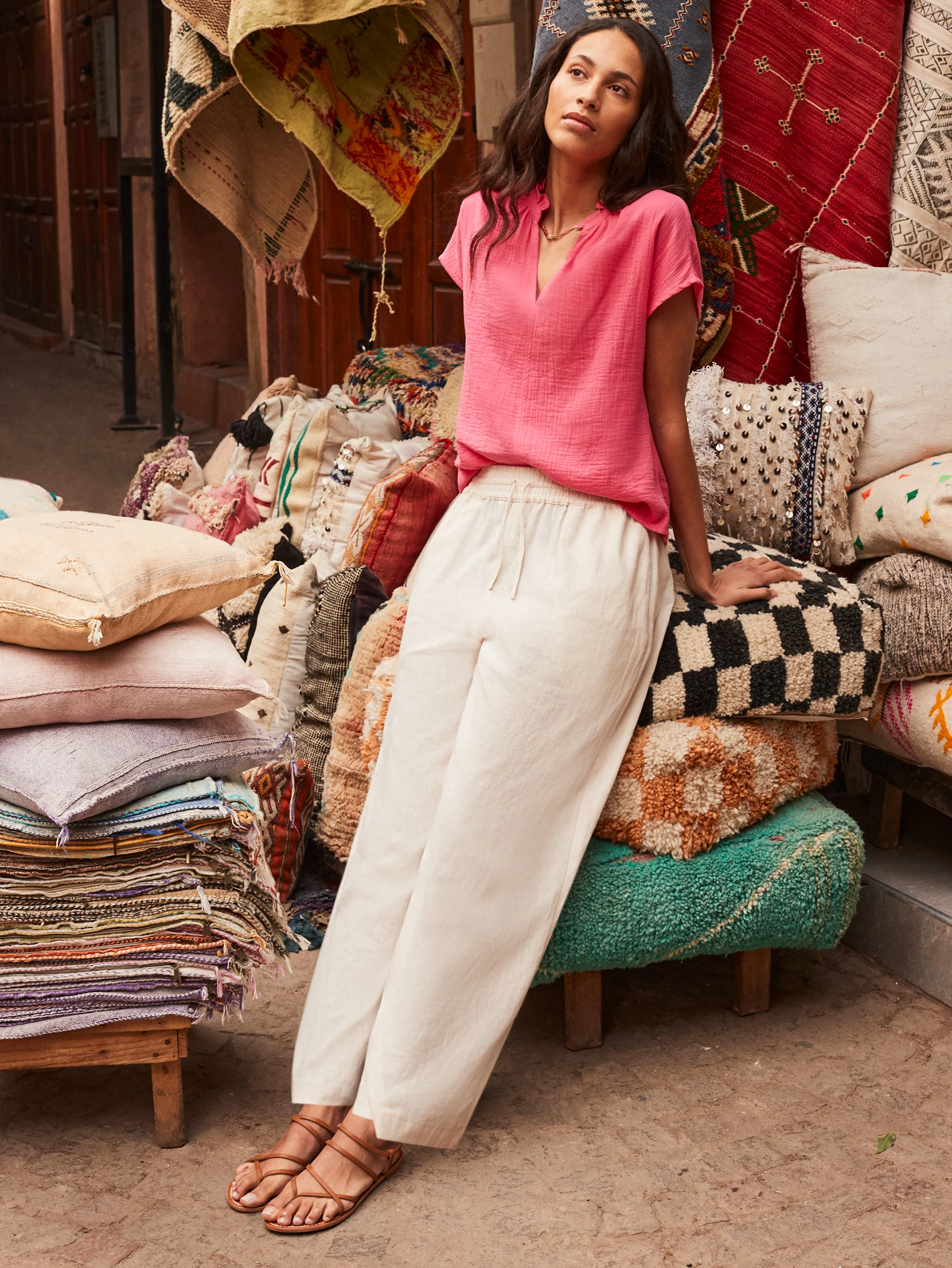 Pink Frill-Detail V-Neck Cheesecloth Top