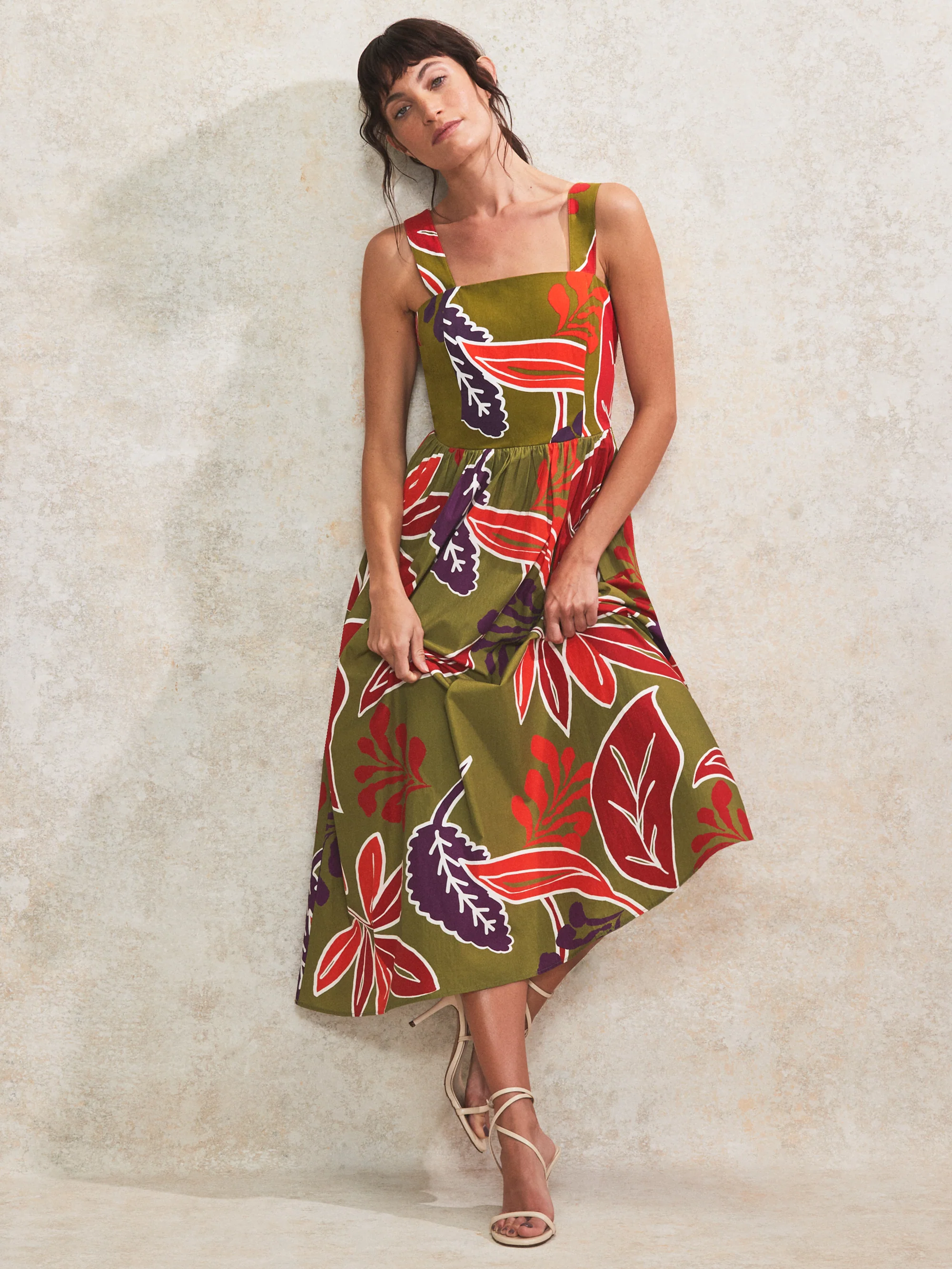 Petite Olive Leaf-Print Cotton Dress