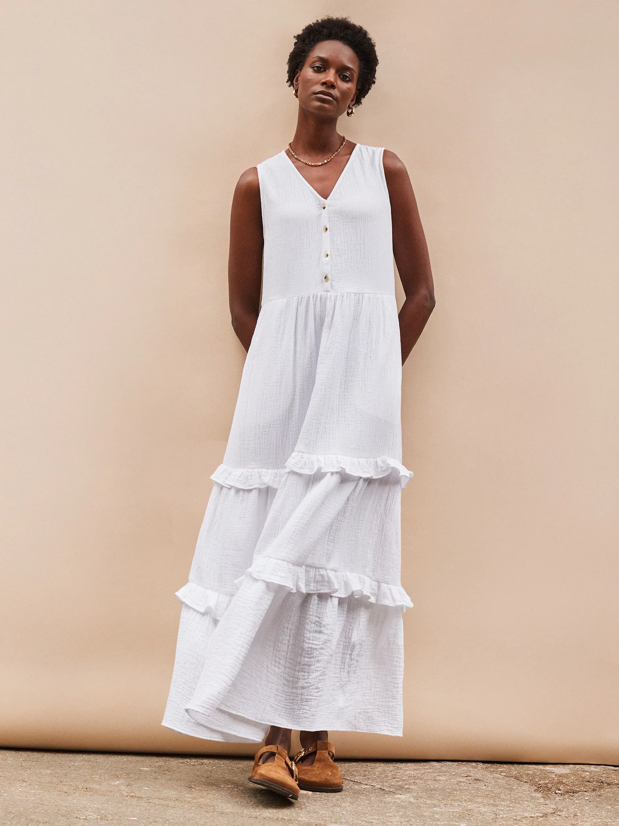 White V-Neck Cheesecloth Midaxi Dress