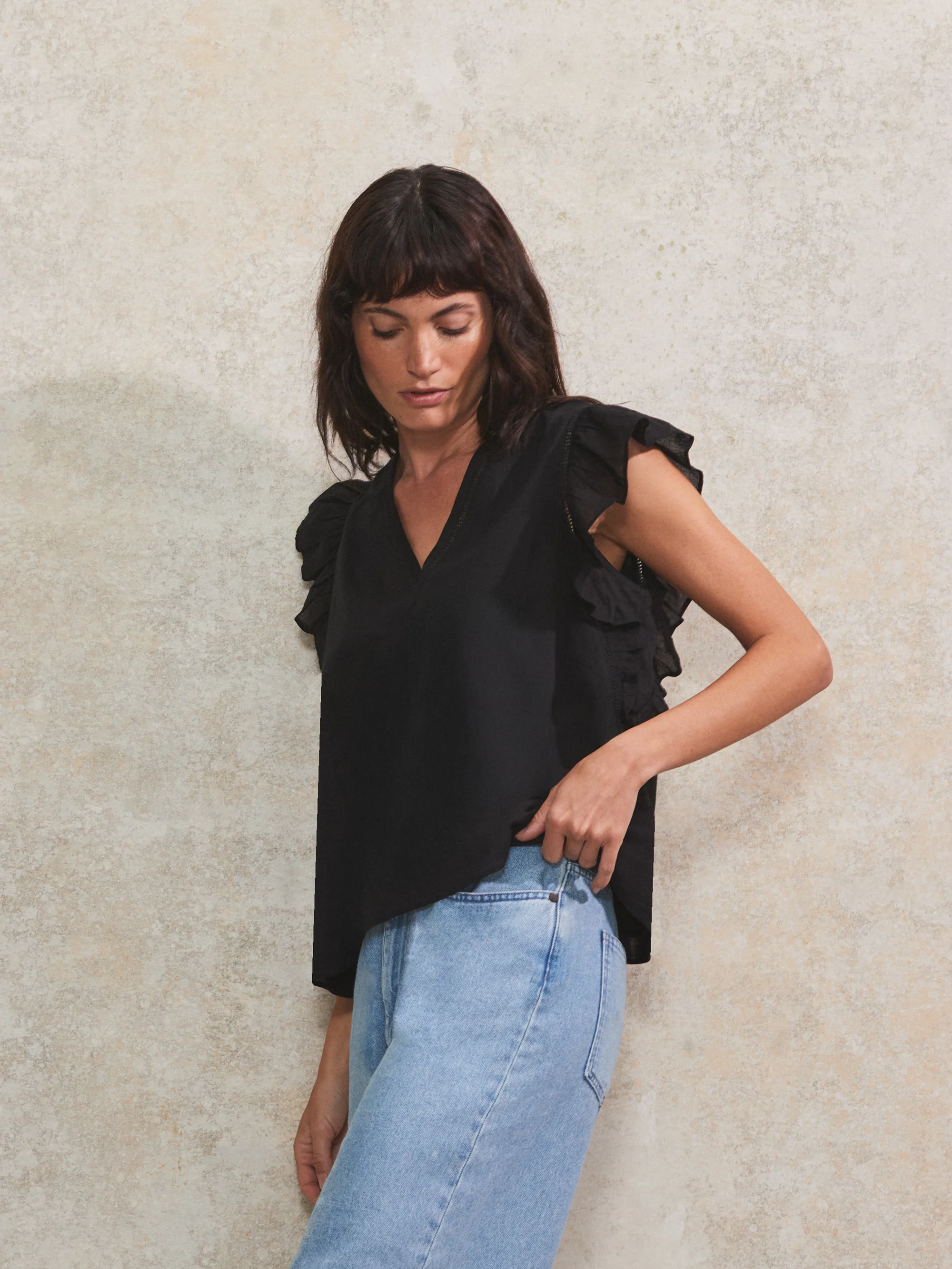 Black Frill-Sleeve V-Neck Cotton Top