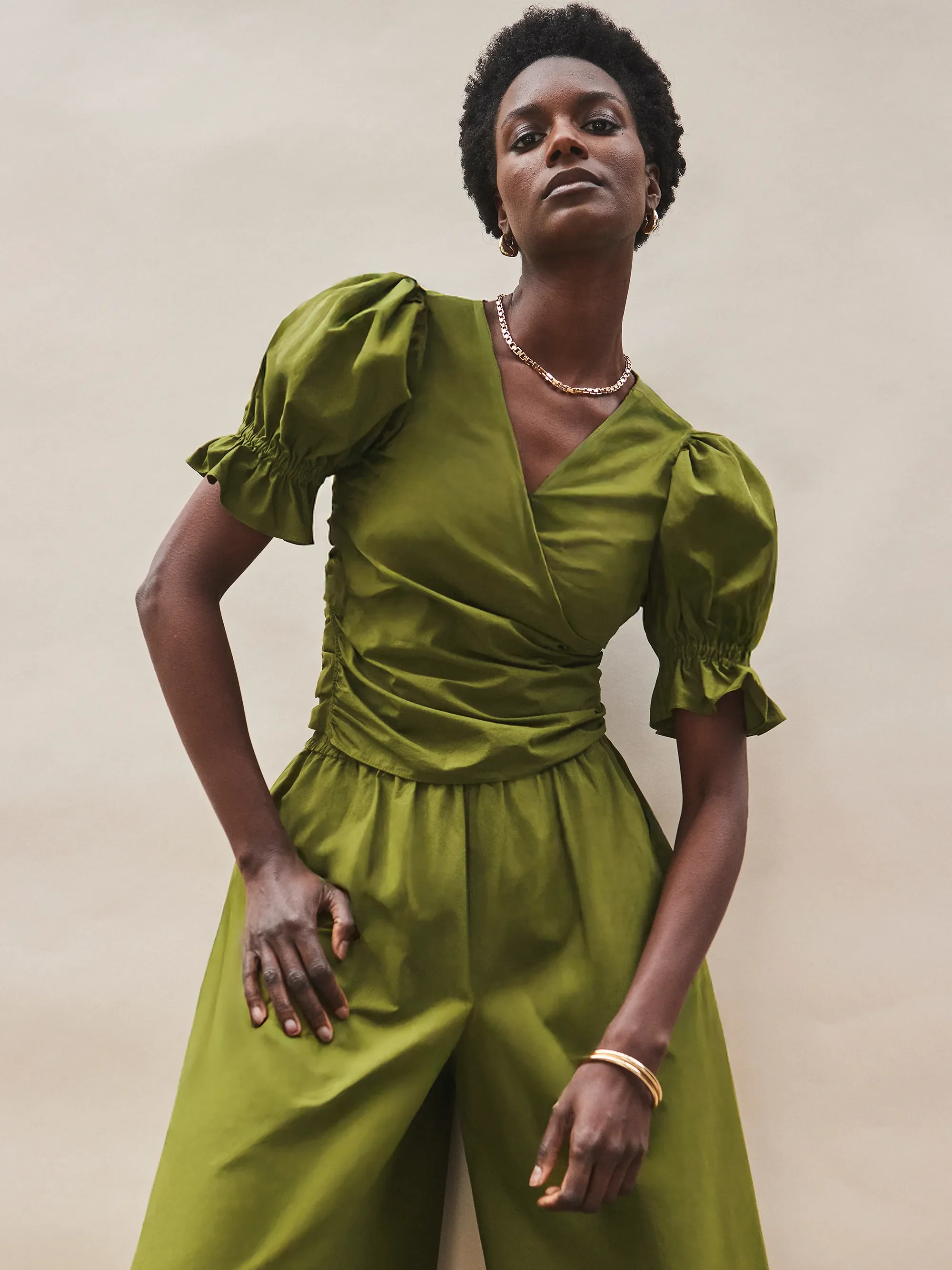 Khaki Cotton Poplin Wrap Top