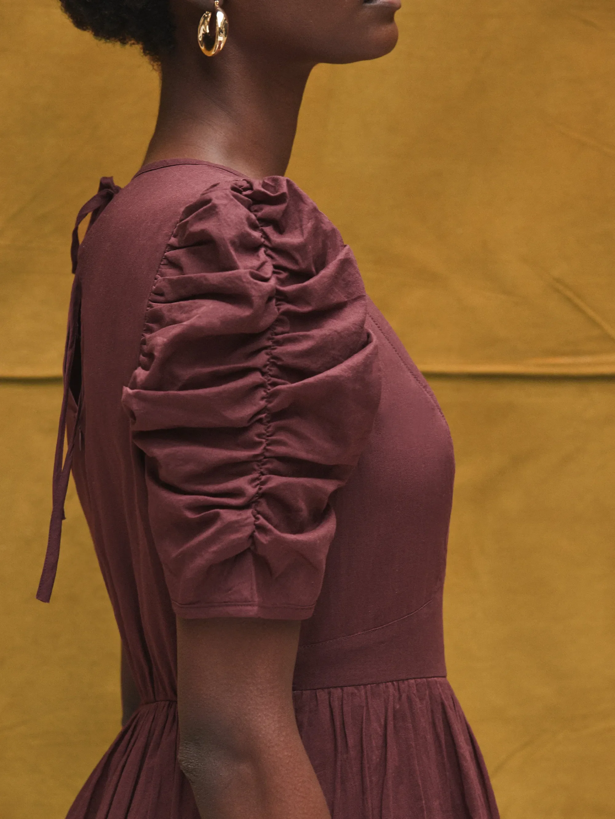 Petite Chocolate Puff-Sleeve Cotton Midi Dress