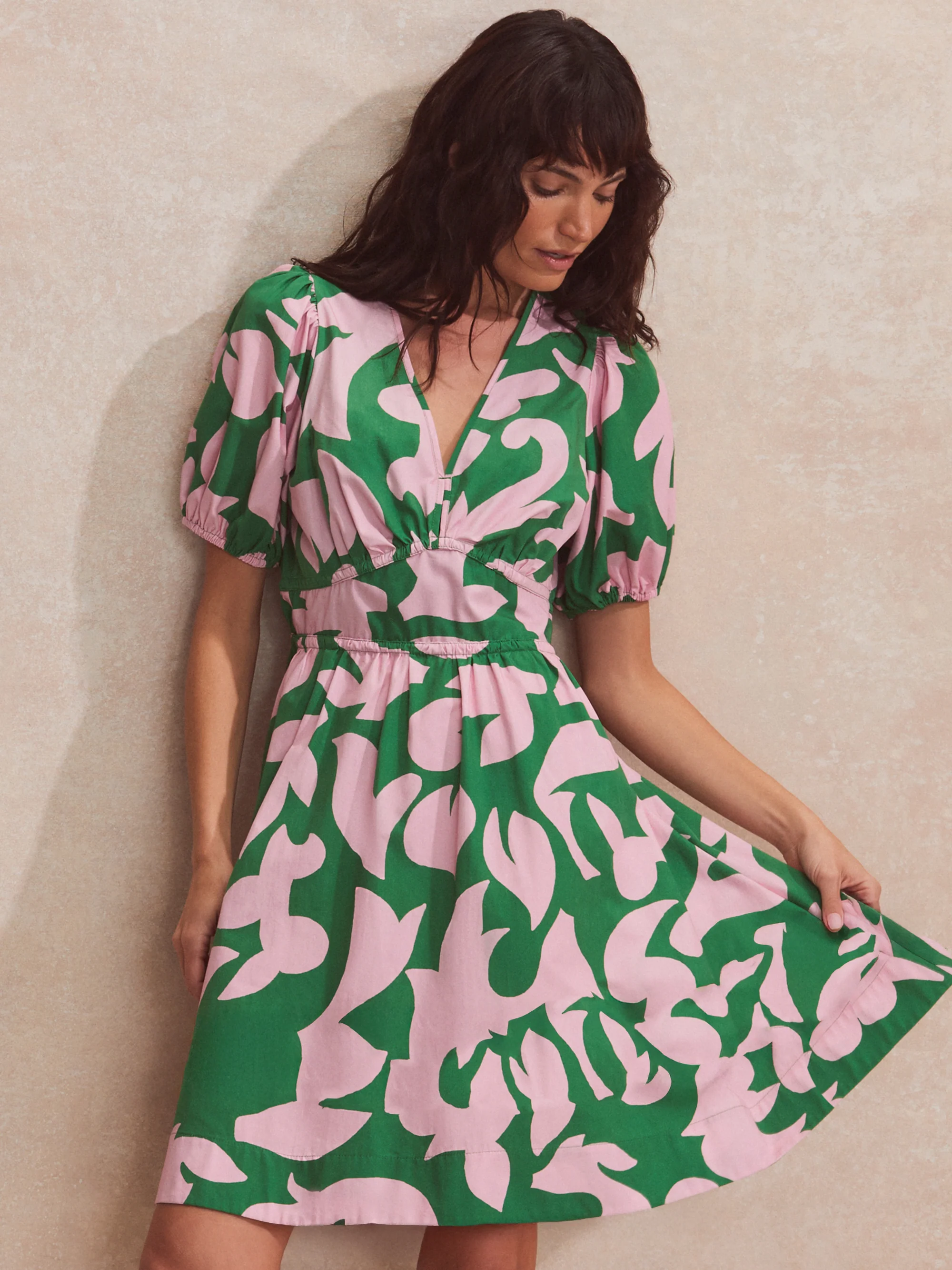 Pink and Green Abstract-Print Puff-Sleeve Mini Dress